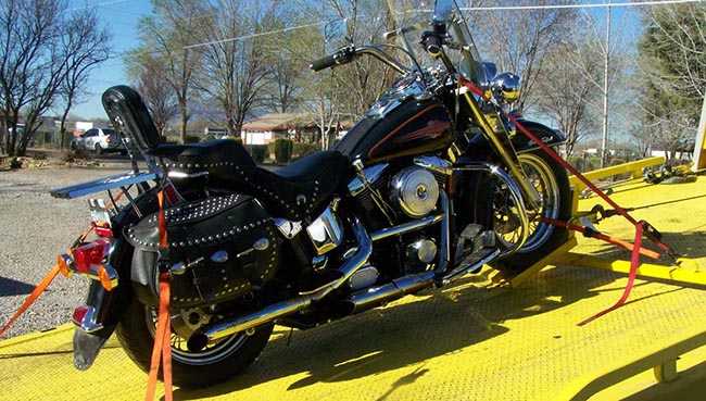 Motorcycle secured for towing